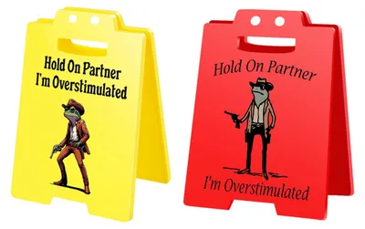 Produktbild von 1/2/3 Stück „Vorsicht Überreizung“-Tischschild mit Cowboy-Frosch-Motiv – „Halt durch, Partner, ich bin überreizt“ – Mini-Tischschild für Zuhause oder Büro – Scherzartikel für Kollegen