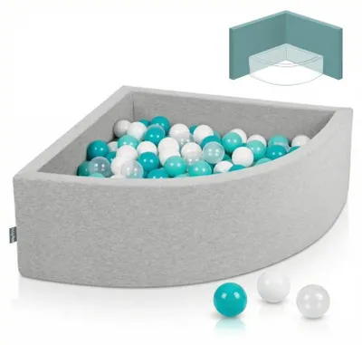 Obrázek produktu pro KiddyMoon 90x30cm/200 míčků ∅ 7cm Trojúhelníkový Suchý Bazén s míčky Certifikováno vyrobeno v EU, Světle Šedá: Světle Tyrkysová/Bílá/Průhledná/Tyrkysová