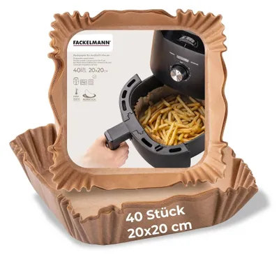 Produktbild von Fackelmann Backpapier für Heißluftfritteuse, 20 cm eckig, beschichtet, hitzebeständig bis +220°C, 40 Stück
