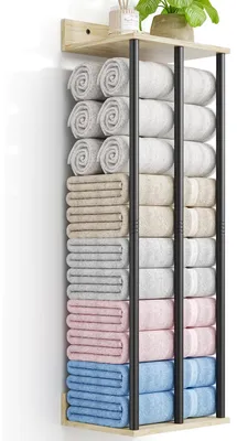 Image de Porte-serviettes mural avec étagère en bois pour salle de bain, design en métal