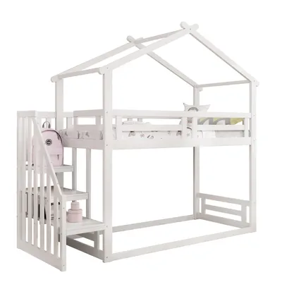 Produktbild von Etagenbett, 90x200 cm, Kinderbett mit 2 Schlafgelegenheiten, 1 Lattenrost und Rausfallschutz, Hausbett, Kiefer