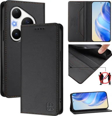 Image de Etui en cuir pour Huawei Pura 80 Pro, étui à rabat avec fentes pour cartes, portefeuille et support Noir
