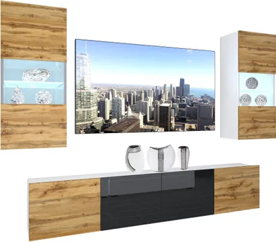 Immagine prodotto di BELINI Set di pareti attrezzate per il soggiorno Parete attrezzata moderna con illuminazione a LED Bianco lucido Parete attrezzata mobile TV Rovere Wotan / nero lucido/opaco