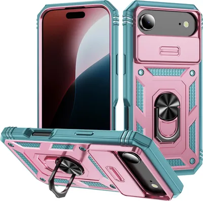 Produktbild von iPhone Air Hülle, Schiebe Kamera Schutz Stoßfest Schutzhülle mit Ringhalterung Ständer für iPhone Air Türkis