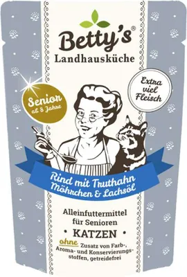 Produktbild von Bettys Landhausküche Katze SENIOR Frischebeutel Rind & Truthahn & Möhrchen & Lachsöl 100 g