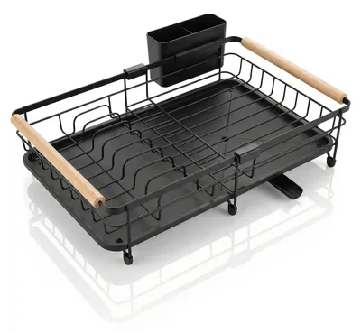 Produktbild von Arendo Geschirrabtropfgestell, Abtropfgestell, Geschirrständer, Geschirrtrockner, Auffangschale, Metall, Holzgriffe, Ablauf, ausziehbar, Besteckhalter, Utensilienhalter