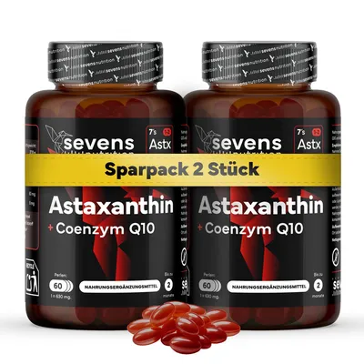 Produktbild von Pack 2x Astaxanthin hochdosiert 8 mg + Coenzym Q10 – Premiumrohstoff AstaPure® aus Mikroalge Haematococcus pluvialis – 120 Perlen mit nativem Olivenöl – rein natürlich