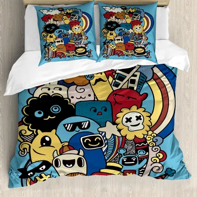Produktbild von ABAKUHAUS Indie Bettbezug Set, Coole lustige nette verrückte Monster-Universum-Regenbogen-Stern-Wolken-Geld-Symbol-Illustration, 155 x 220 cm + 80 x 80 cm, Mehrfarbig