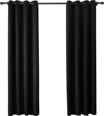 Two black curtains hanging from a curtain rod against a white background.