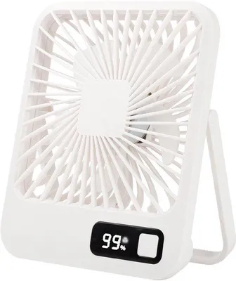Image de Ventilateur personnel portable rechargeable par USB avec batterie de 1 800 mAh, pivotant à 180° et pliable, écran intégré, 5 vitesses, fonctionnement très silencieux, ventilateur pour le bureau, la maison ou les voyages, blanc.