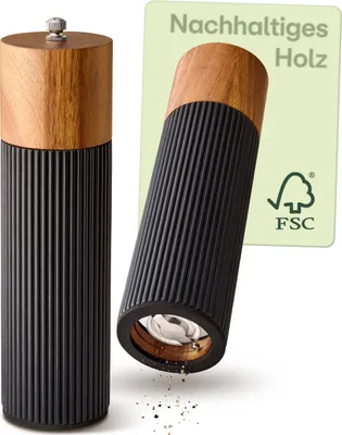 Produktbild von Praknu Salz & Pfeffermühle Set aus Akazienholz – Edles Design mit Keramikmahlwerk – Stufenlos Einstellbar & Langlebig – Schwarz – Groß