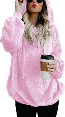 Produktbild von ASKSA Damen Pullover Langarm Winter Hoodie Warm Teddy Fleece Oversize Kapuzenpullover Oberteile Tops, Rosa, L