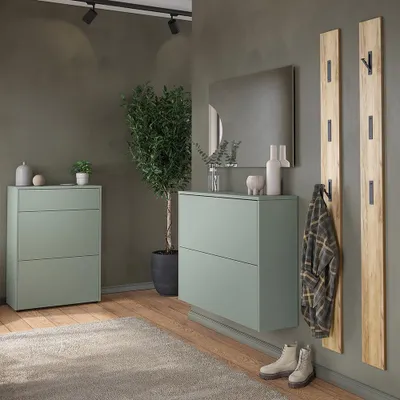 Produktbild von Garderoben-Set mit Spiegel & 2 Garderobenpaneelen in grün und Eiche, 5-teilig - BAIANO-01