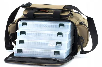 Produktbild von NECO Angeltasche + 4 Boxen | Fester Boden | 42,5×26×21 cm | Organizer für Angelzubehör