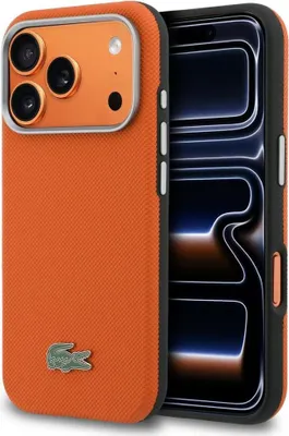 Immagine prodotto di Custodia iPhone 17 Pro Lacoste Petit Pique arancione nero Logo metallo Magsafe