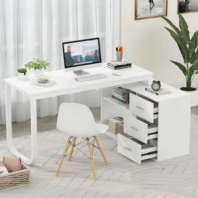 Produktbild von Schreibtisch Weiß 130x57x75cm MDF, frei verschiebbarer Stauraum-Unterschrank 100x40x63cm, höhenverstellbares Regal, 3 Schubladen