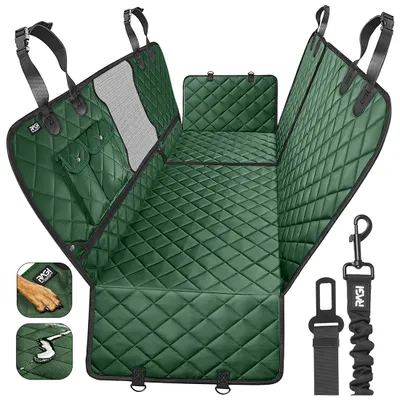 A green quilted dog car seat cover is laid out flat, showing its various sections and attachment straps. Small inset images show a hand wiping the cover and a water droplet on it.