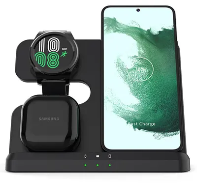Produktbild von 3 in 1 Wireless Ladestation, kabelloses Schnellladegerät für Smartphone, Smartwatch & Earbuds, rutschfestes Ladepad mit FOD-Schutz