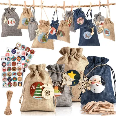 Produktbild von Adventskalender zum Befüllen 24 Säckchen Stoff Jute Blau Beige Grau verschiedene Größen