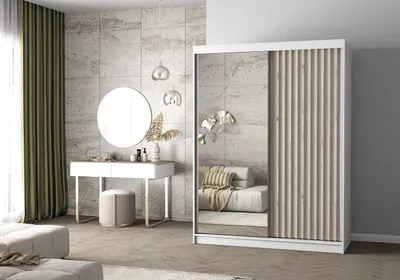 Produktbild von Easy4You Lami III Weiss Schiebetürenschrank Kleiderschrank 150x200x61 cm mit Spiegel - Schlafzimmermöbel, Aufbewahrung – Mehrzweckschrank mit Kleiderstange und Lamellen