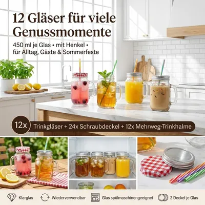 Produktbild von gouveo 12er Set Trinkgläser 450 ml mit Deckel rot, silberfarben - Trinkglas mit Henkel und Drehverschluss - Henkelgläser mit Deckel