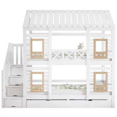 Produktbild von Etagenbett mit 2 Liegeflächen, Treppe mit Stauraum, Schubladen und Lattenrost, 90x200cm, Kinderbett mit Rausfallschutz