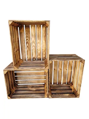 Produktbild von 3er Holzkisten 50x40x30 cm – Rustikale Geflammte Aufbewahrungsbox – Geflammte Massivholz - Fertig montiert