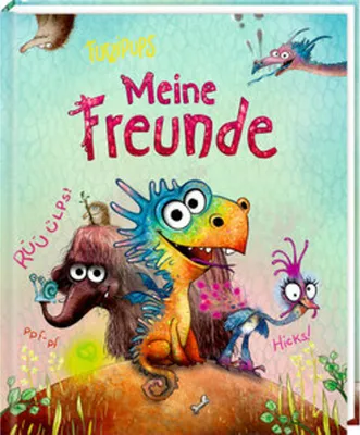 A book cover illustration featuring cartoon dragons and other creatures on a grassy hill.