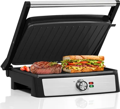 Produktbild von HOMELUX Kontaktgrill Tischgrill 2200W, Sandwichmaker, 180° Panini Grill Multifunktion mit Auffangschale Antihaftbeschichtung Platten 29x23cm, Silver