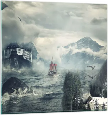 Produktbild von Bilder auf glas - Einteilig - Sturm Berge Segelschiff - 70x70cm - Glasbilder - Wandbilder - Bilder - zum Aufhängen bereit - Wanddekoration aus Glas - Glas Bilder - Wandbild auf Glas - GAC70x70-4208