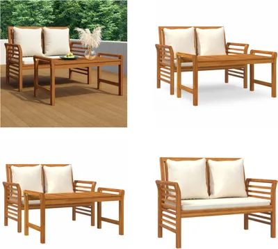 Productafbeelding van vidaXL 2-delige loungeset voor de tuin met crème-witte kussens, gemaakt van massief hout - Tuinloungeset - Tuinloungesets - Lounge set - Houten loungeset