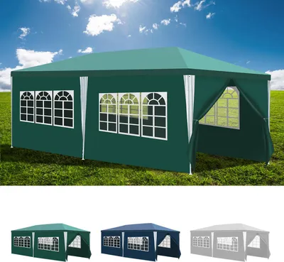 A green gazebo with windows is set up on a grassy field under a blue sky with clouds. Below the main image are three smaller images of the gazebo in green, blue, and gray.