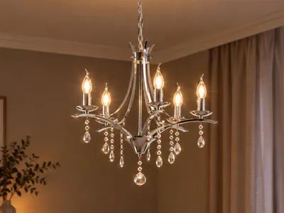 Produktbild von Kronleuchter Lüster LUCERNA Silber mit Kristallbehang, 5-flammig Ø 52cm