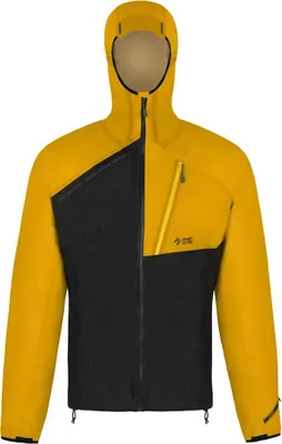 Hardshelljacke Cyclone 2.0 von DirectAlpine in Gelb und Schwarz mit Kapuze und asymmetrischem Design.