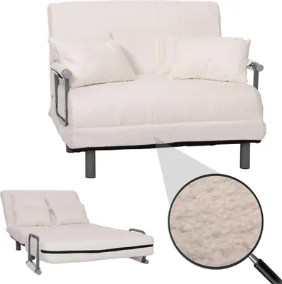 A white bouclé fabric sofa bed is shown in two configurations: as a sofa with pillows and as a fully extended bed. A magnified view of the fabric texture is also included.