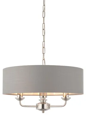Immagine prodotto di Lampada a sospensione HIGHCLERE in nichel, 3xE14x15W, tessuto, dimensioni: 142x45x45 cm, IP20, Endon