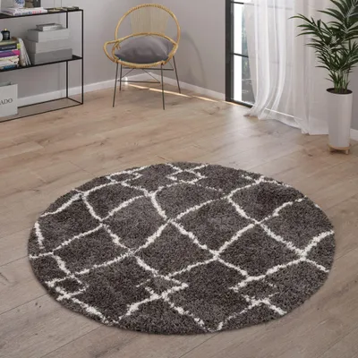 Produktbild von Paco Home Hochflor Teppich Wohnzimmer Shaggy Abstraktes Skandi Muster Mit Fransen 120 cm rund