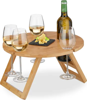 Produktbild von Relaxdays Picknick Weintisch, klappbar, HxD: 22x39cm, Getränkehalter 4 Weingläser & 1 Flasche, Bambus Weintablett, natur