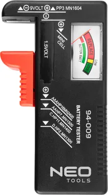 Produktbild von NEO TOOLS Universal Batterietester für AA (R6), AAA (R3), R14, R20, CR, 9V, einfach und schnell, schwarz