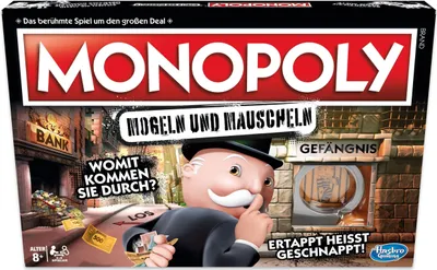 The image shows the Monopoly Mogeln und Mauscheln board game box.