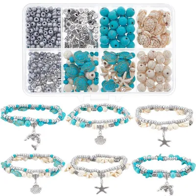 Immagine prodotto di Kit per creare braccialetti, 6 set, tema estivo e spiaggia, design a doppio strato, con ciondoli a forma di tartaruga, stella marina, perline, pesci, delfini, perline di vetro, lega, turchese, magnesite, howlite, 507 pezzi