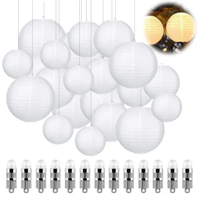 30 Papierlampions mit LED-Lichtern, weiß, 15–30 cm, rund