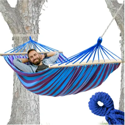Zdjęcie produktu dla Hamak z poprzeczką drążkiem ogrodowy jednoosobowy 200 x 80 150 kg mocny