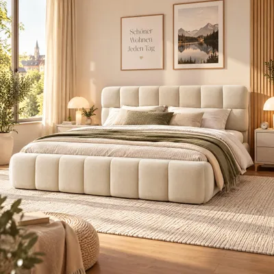 Zdjęcie produktu dla Łóżko Bubble Bett 140x190 cm, łóżko tapicerowane z listwowym stelażem, podwójne łóżko z miękkim zagłówkiem, rama łóżka, bez materaca, tkanina: len, kolor: beż