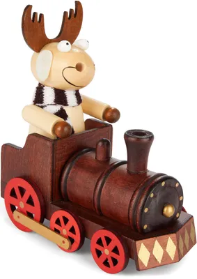 Produktbild von BRUBAKER Räuchermännchen aus Holz - Elch mit Schal und Lokomotive - Rauchfigur Tischdeko für Weihnachten - Räucherelch Dekofigur