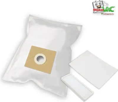 A vacuum cleaner bag and filters are displayed on a white background.