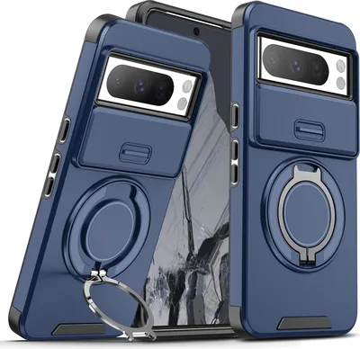 Immagine prodotto di Custodia a doppio strato per Goolge Pixel 8 Pro, con copertura scorrevole della fotocamera e supporto magnetico ad anello Blu