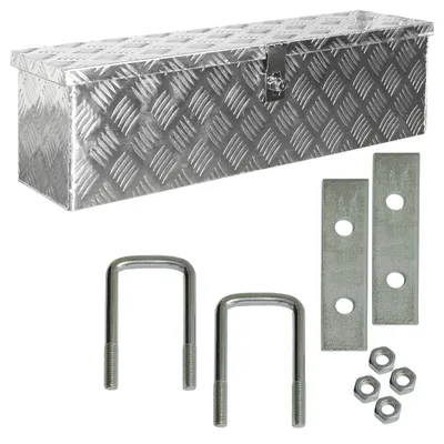 A silver aluminum toolbox with mounting hardware.