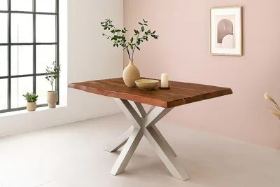 Produktbild von Esstisch Baumkante Akazie massiv 50mm Nussbaum 120 x 80 cm Spider-Gestell silber CALI