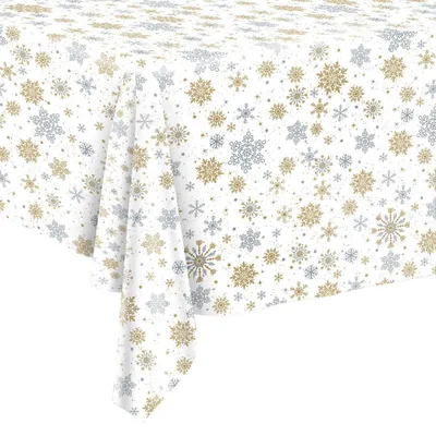 Zdjęcie produktu dla Świeżna obrus świąteczna, motyw płatków śniegu, kolor biały, 2 sztuki, wymiary 274 x 137 cm, materiał: PEVA